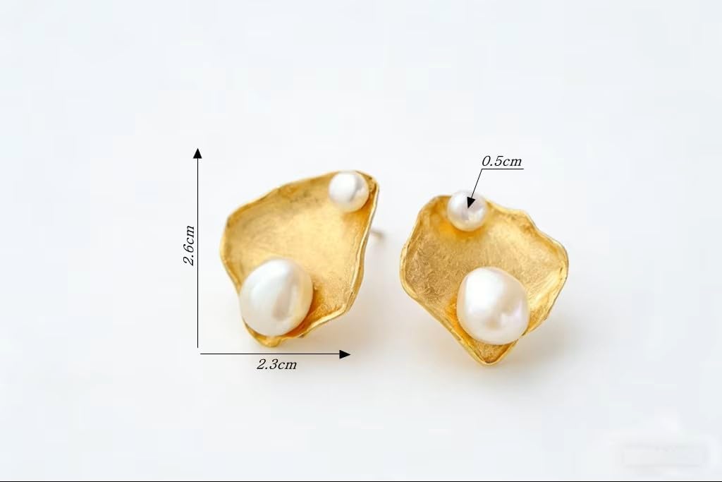18K Gold Plated Earrings with Natural Freshwater Baroque Pearls, 925 Sterling Silver Stud Earrings