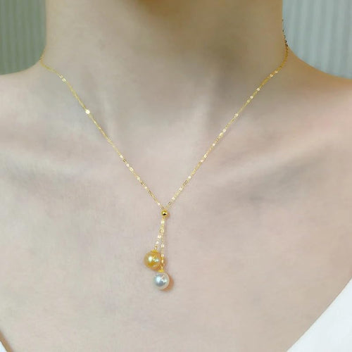 18K Gold Akoya Pearl Pendant Necklace, 7-8mm Round Dual Pearl Drop, Au750 Pure Gold Chain, Party Jewelry Gift for Women