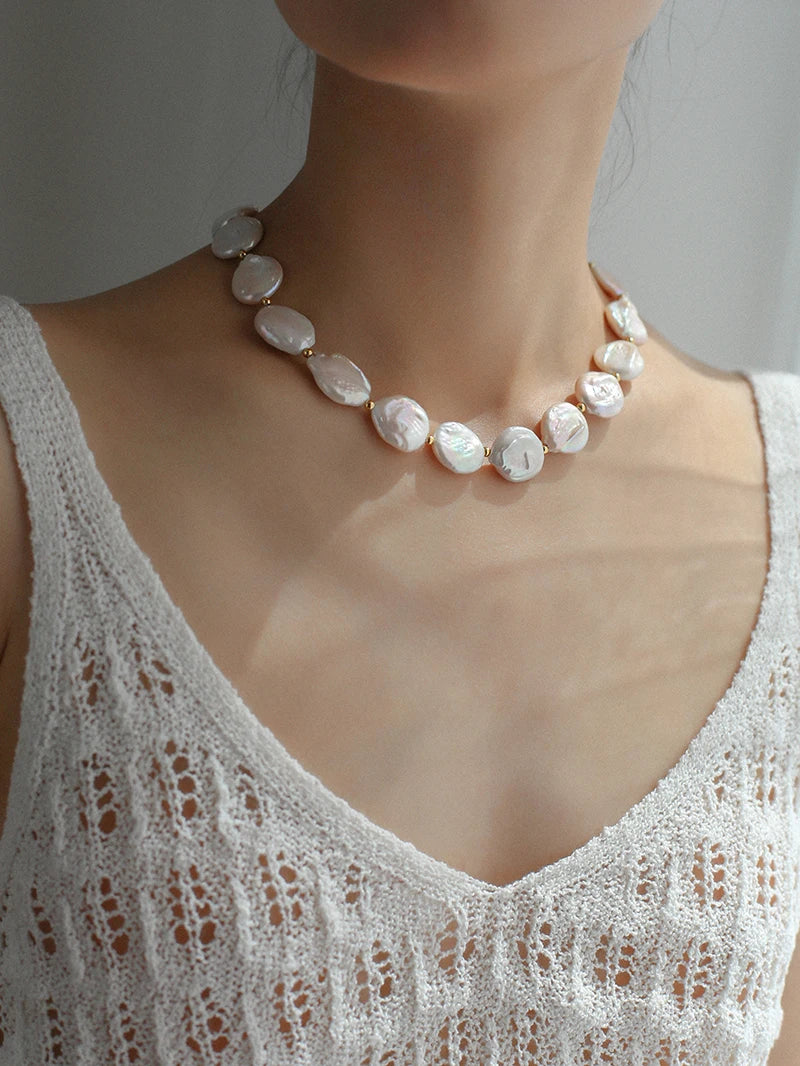 Real Natural Baroque Pearl Brass With 18K Gold Choker Necklace