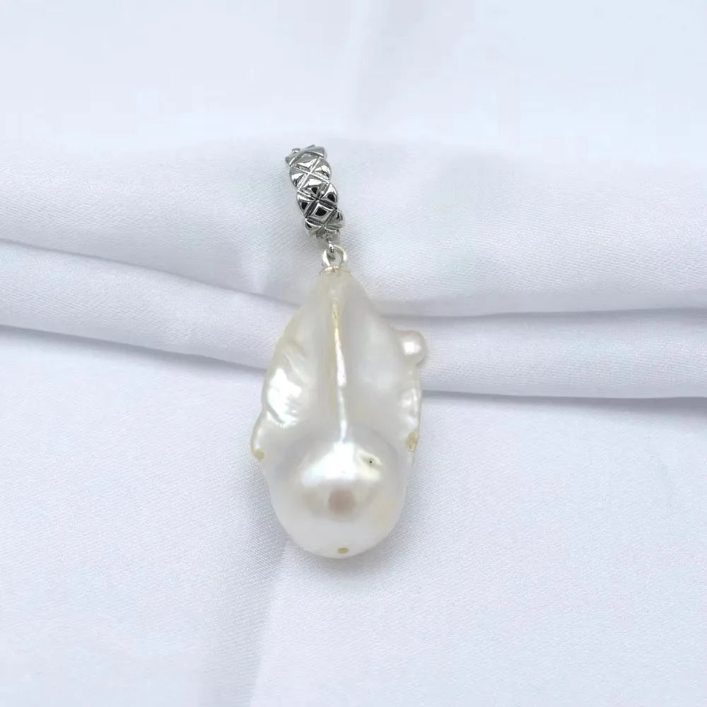 White Natural Baroque Large Pearl Pendant OT Buckle Black Leather Necklace