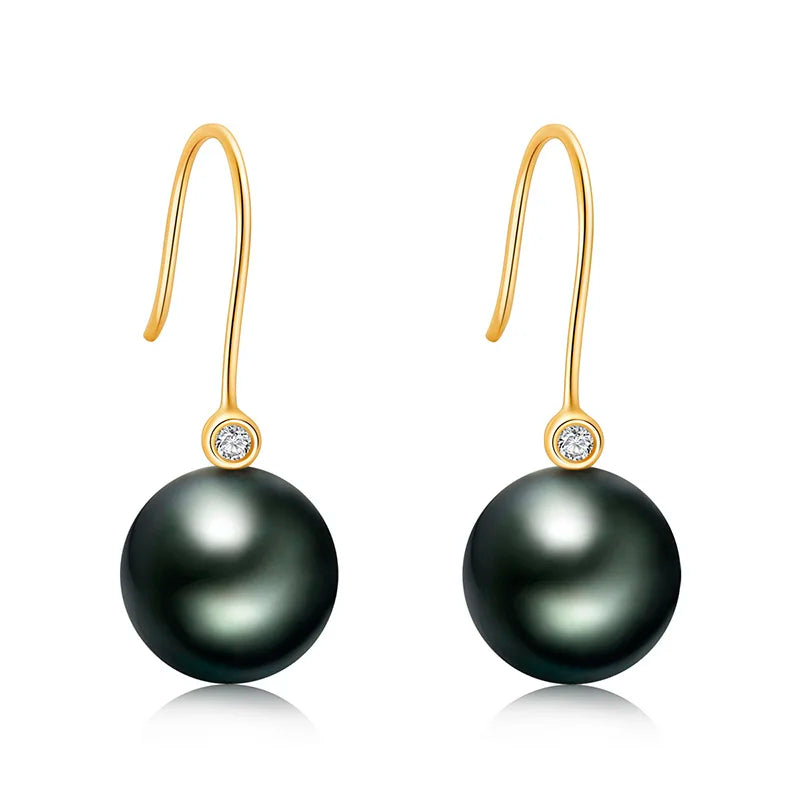 18K Gold Natural Tahitian Cultured 8-9mm Black Pearl Diamond Ear Hook