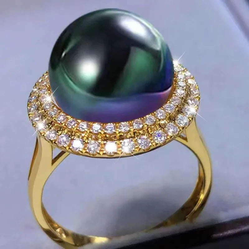 Natural South Sea Round Pearl 11mm AAA Purple Black Gold Lavender Adjustable Ring