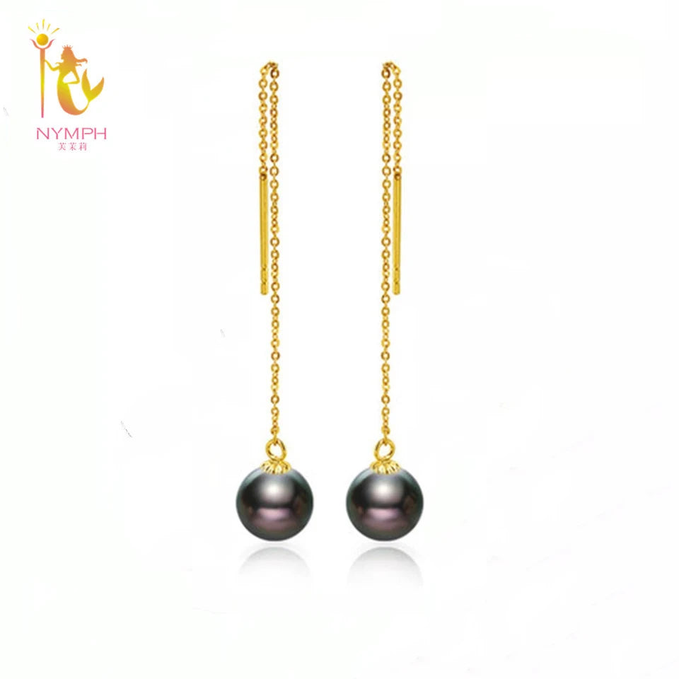 NYMPH 18K Yellow Gold Tahitian Black Drop Pearl earrings AU750 Fine Jewelry ED354
