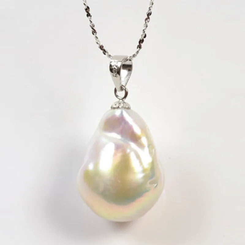 White Large FireBall Baroque Pearl 18 inches 14x20mm 925 Silver Pendent Necklace