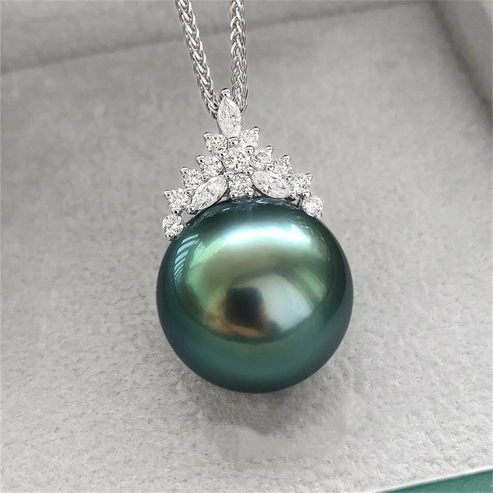 S925 Silver Inlaid Zircon Imitation Tahitian Dark Green Pearl Necklace