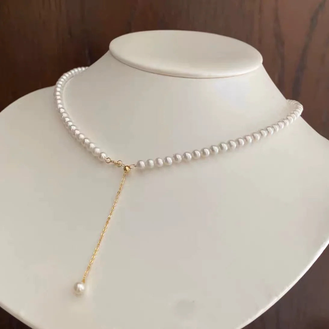 Natural Freshwater Round Pearl 18k Gold Necklace
