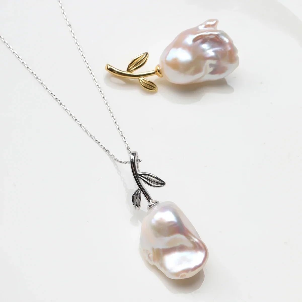 Pure Natural Baroque Pear S925 Sterling Silver Leaf Flower Pendant