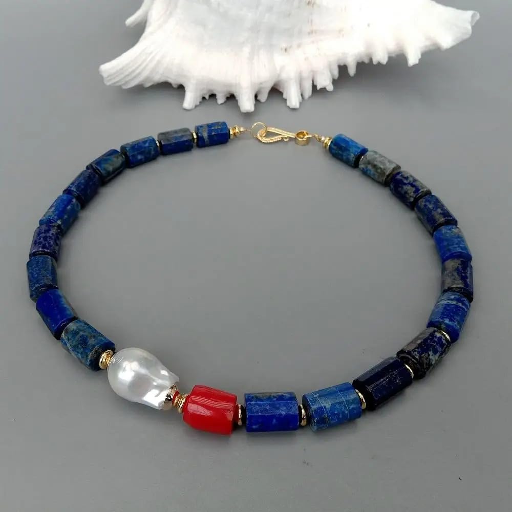 Natural Lapis Lazuli Necklace with Red Coral and Baroque Pearl, Blue Stone Beaded Jewelry