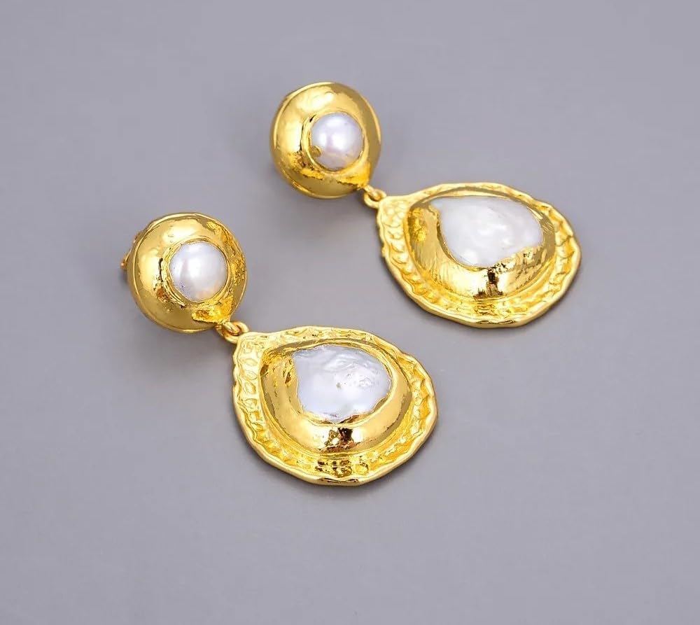 Elegant Gold Plated Natural White Keshi Pearl Teardrop Dangle Earrings, Coin-Shaped Pearl Statement Jewelry