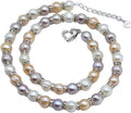 Freshwater Pearl Necklace with Cubic Zirconia, Natural Rainbow Multicolor Round Pearls, Classic Style