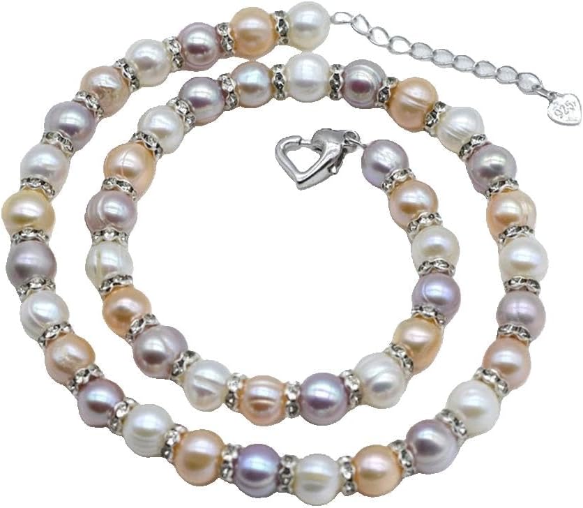 Freshwater Pearl Necklace with Cubic Zirconia, Natural Rainbow Multicolor Round Pearls, Classic Style