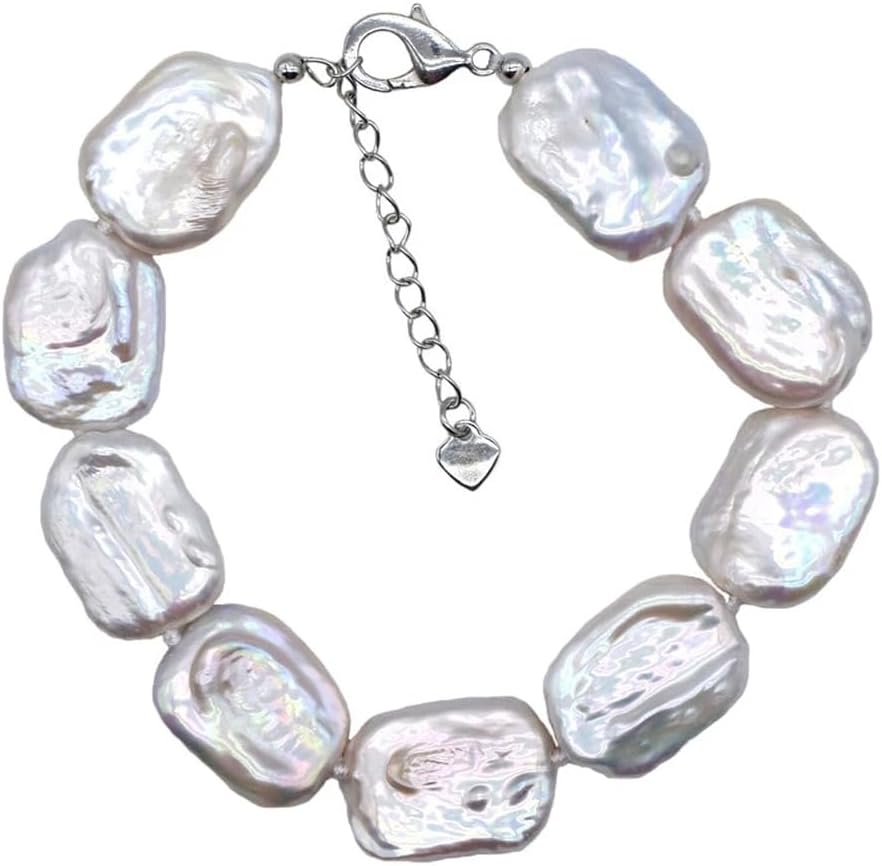 Natural Freshwater Baroque Pearl Bracelet, White Rectangular Pearls, Adjustable Chain