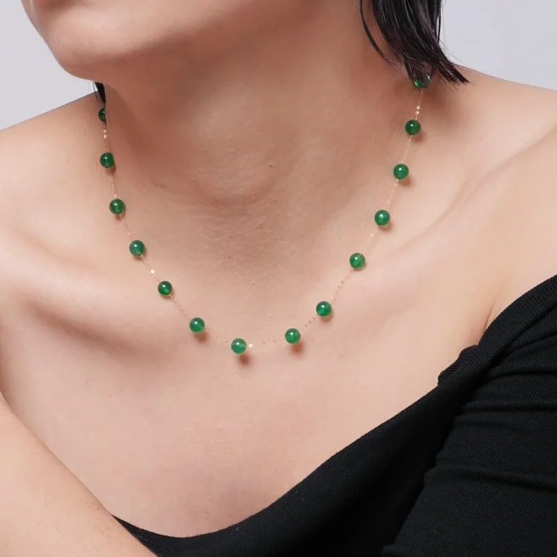 18K Gold Natural Green Agate Necklace, Elegant Chain with Emerald Color Beads, Fine Jewelry for Women