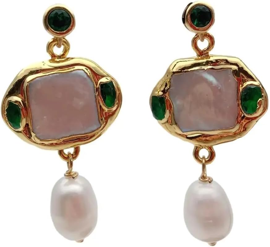 Freshwater Cultured White Square Pearl Rice Pearl Green Crystal Dangle Stud Earrings