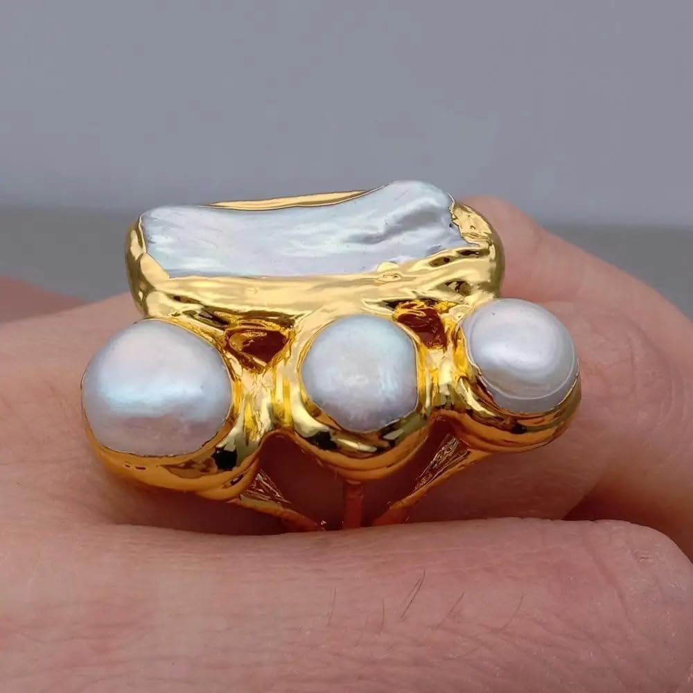 Elegant Cultured Pearl Statement Ring, White Biwa Potato Pearl, 24x36mm, Gold-Tone Finish