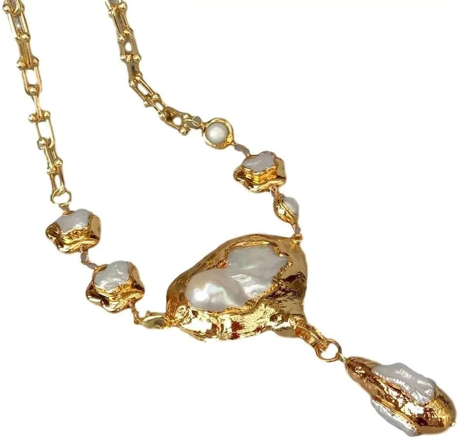 Generic Cultured White Keshi Flower Pearl Chain Necklace, Golden
