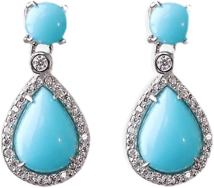 925 Silver Blue Turquoise Cubic Zirconia Teardrop Drop Earrings