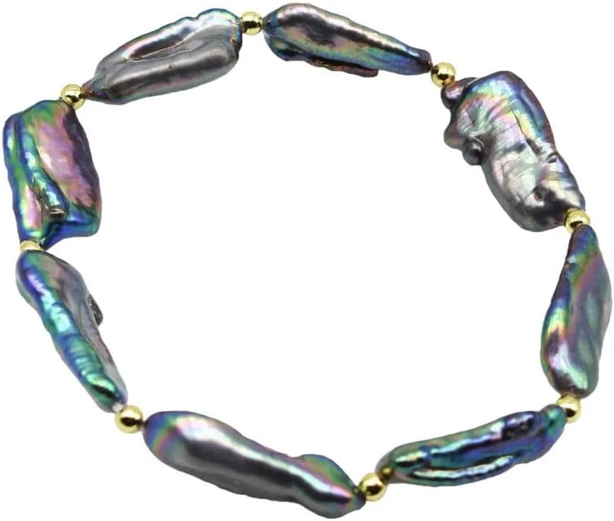 Genuine Black Baroque Freshwater Pearl Stretch Bracelet, Multicolor Iridescent