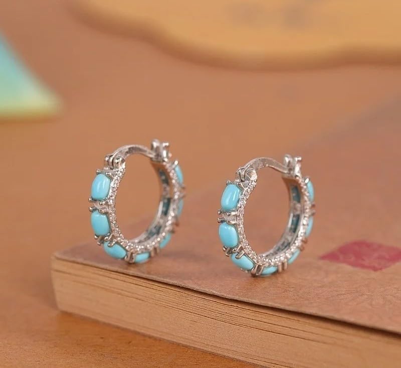 Turquoise S925 Silver Cubic Zirconia Hoop Earrings for Women
