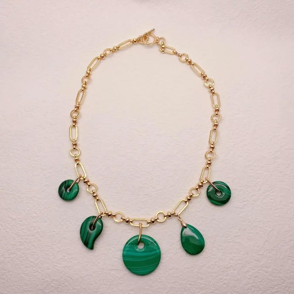 Natural Green Malachite Charm Pendant Gold Plated Chain Necklace | 30mm x 20mm x 18mm, Choker Style, for Women, Stone Pendant, Gold Plated Chain