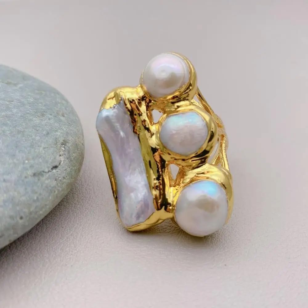 Elegant Cultured Pearl Statement Ring, White Biwa Potato Pearl, 24x36mm, Gold-Tone Finish