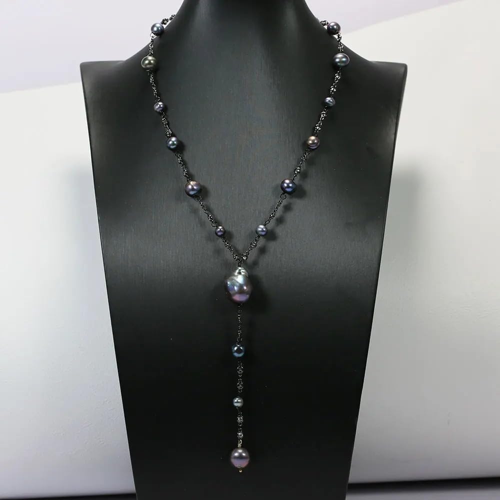 Baroque Black Pearl Necklace with CZ Crystal Chain, Cultured Round Pearls, Gunmetal Gold Plated Pendant