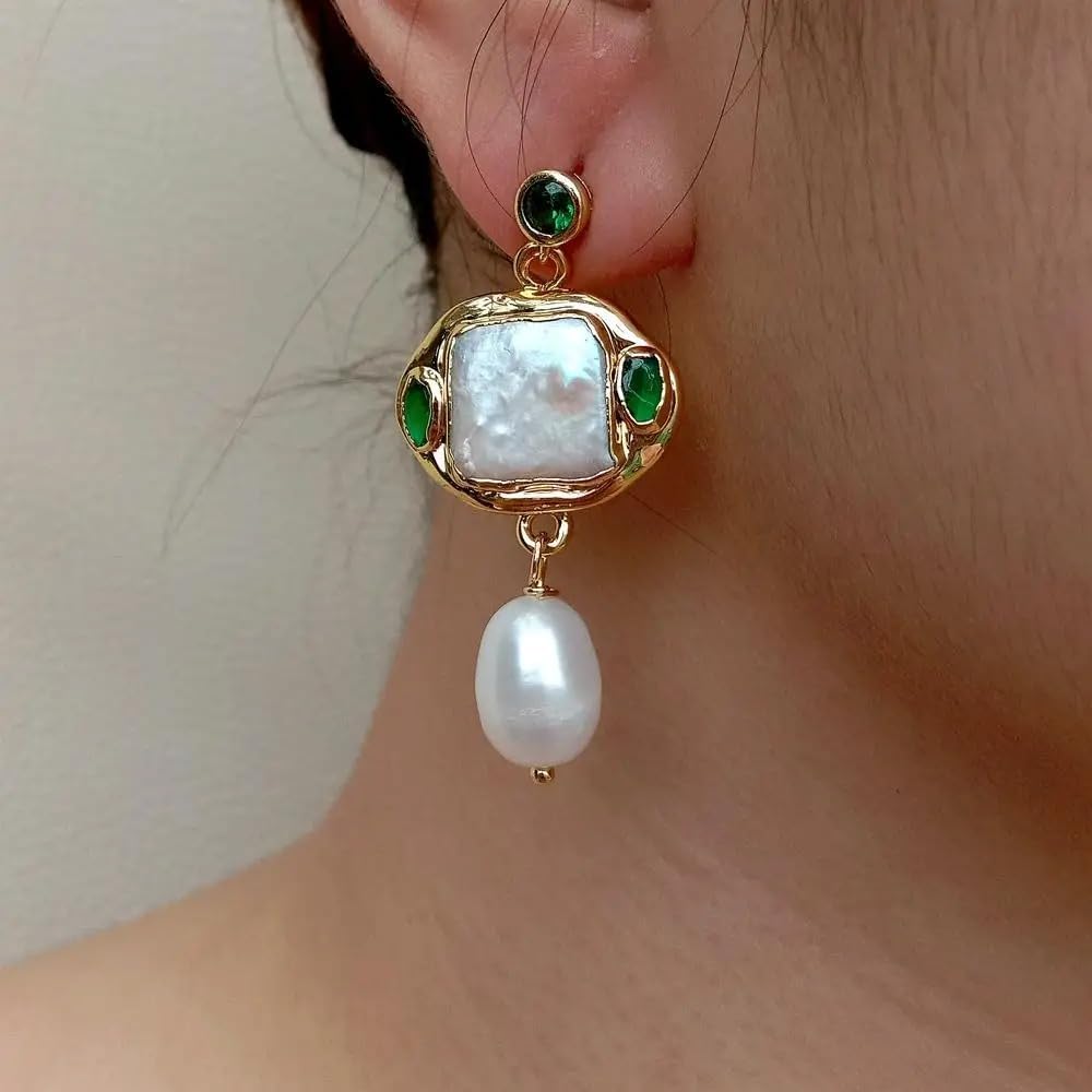 Freshwater Cultured White Square Pearl Rice Pearl Green Crystal Dangle Stud Earrings