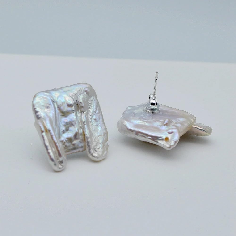 Genuine Baroque Pearl Earrings, White Irregular Shape, Large Oversized Statement Earrings, Silver, Boho Style