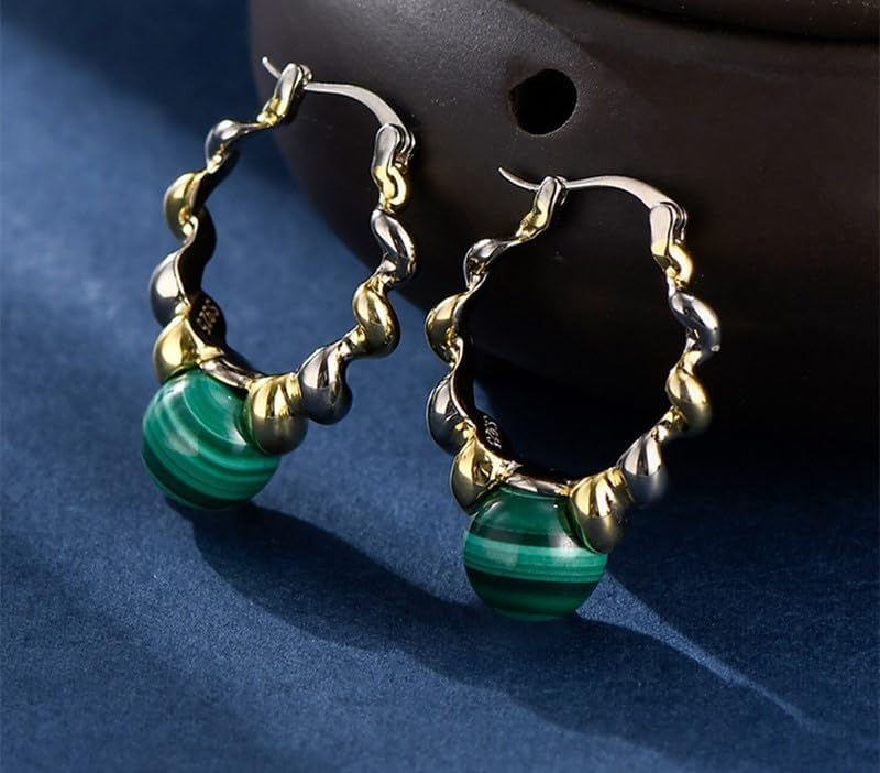 Natural Malachite 925 Sterling Silver Dangle Earrings Women Dichroic Plating Spiral Twisted Chic Earring