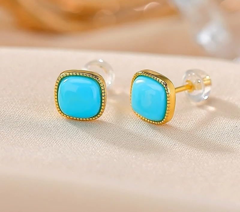 925 Silver Gold Plated Turquoise Square Stud Earrings