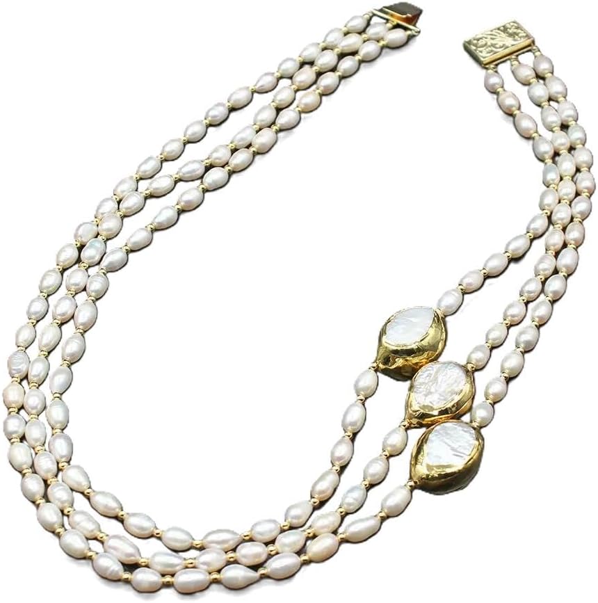 3-Row Cultured Rice Pearl Necklace with Keshi Pearl and Gold Plated Connector, White Choker