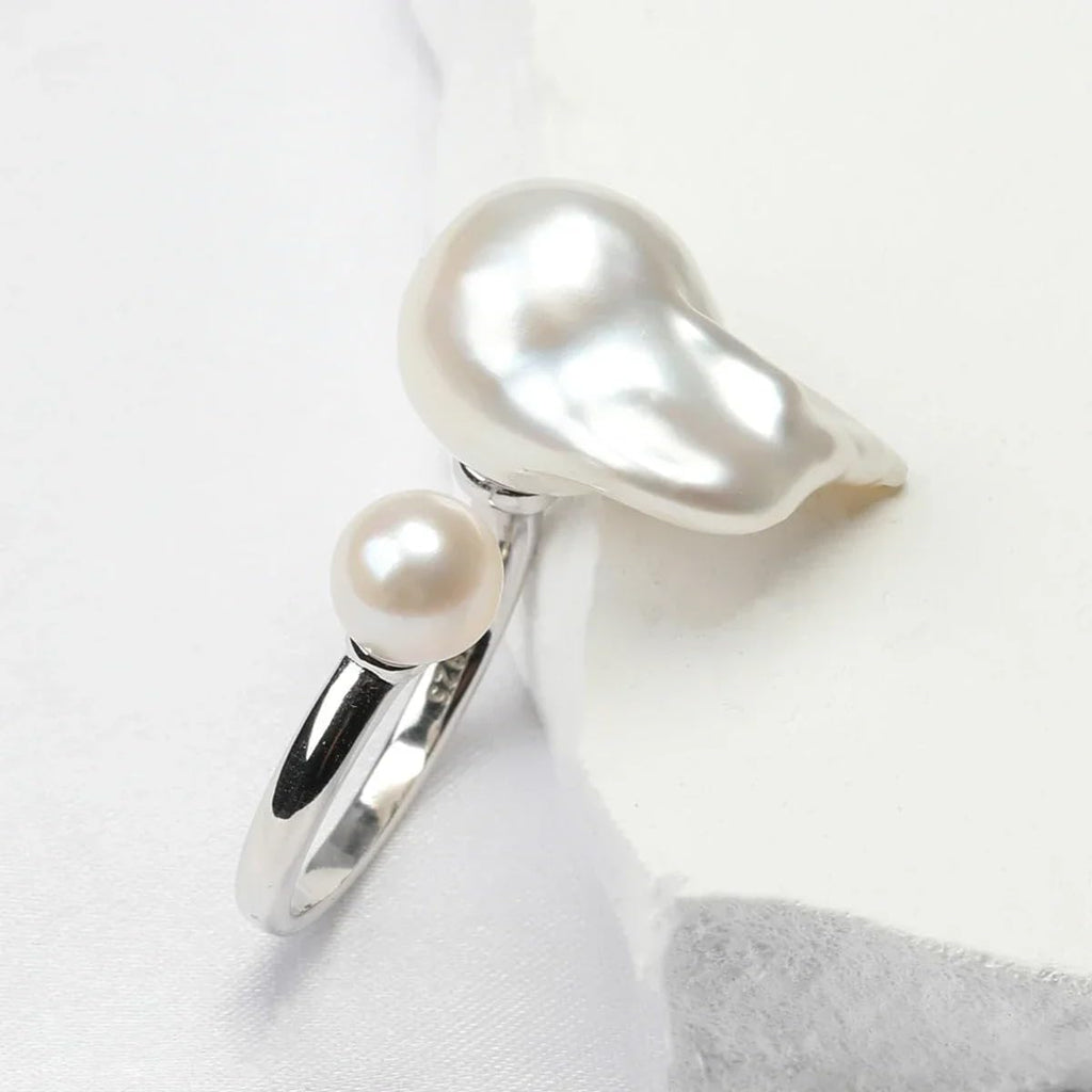 Aurora Bright White Baroque Freshwater Akoya Double Pearl Ring