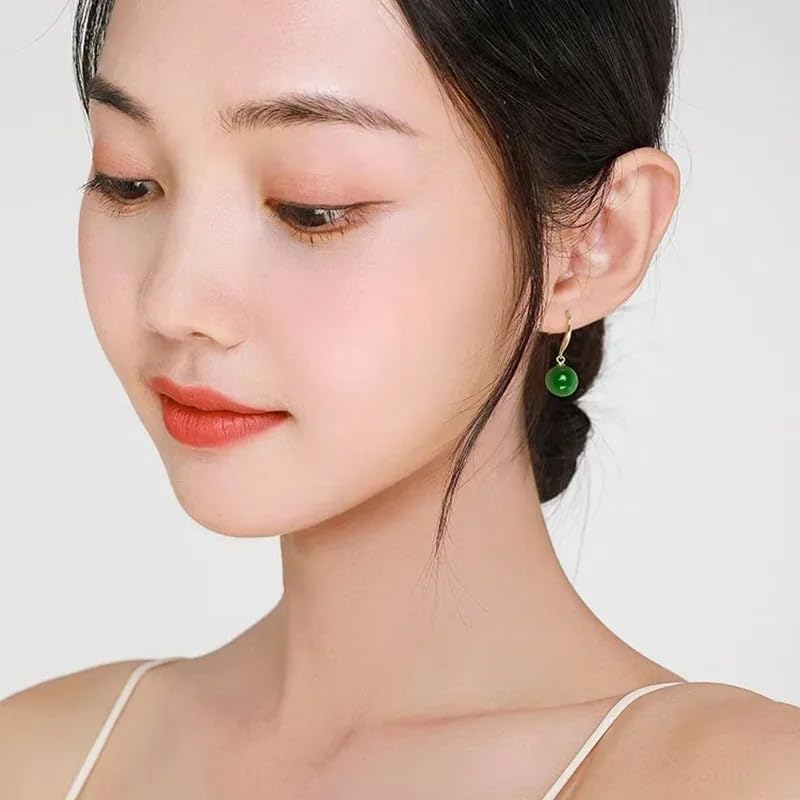 18K Gold Natural Green Chalcedony Drop Earrings, Elegant Dangle Style with Round Gemstone Beads