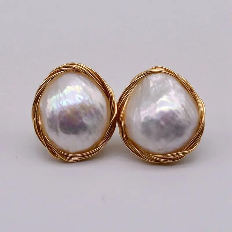 White Natural Freshwater Pearls Genuine Baroque Handmade Stud Earrings