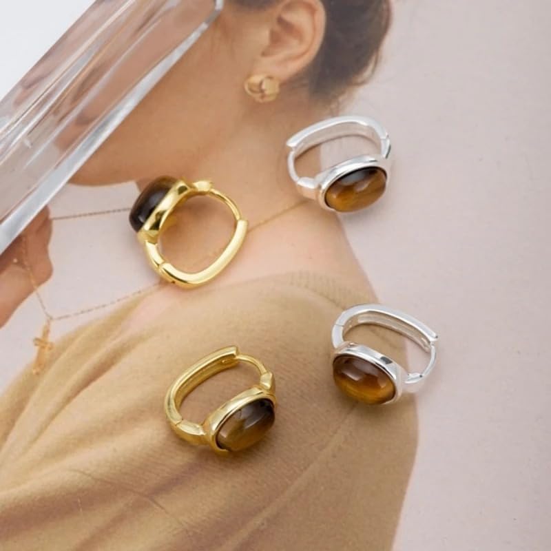 Natural Oval Tiger's Eye Stone 925 Sterling Silver Huggie Hoop Earrings