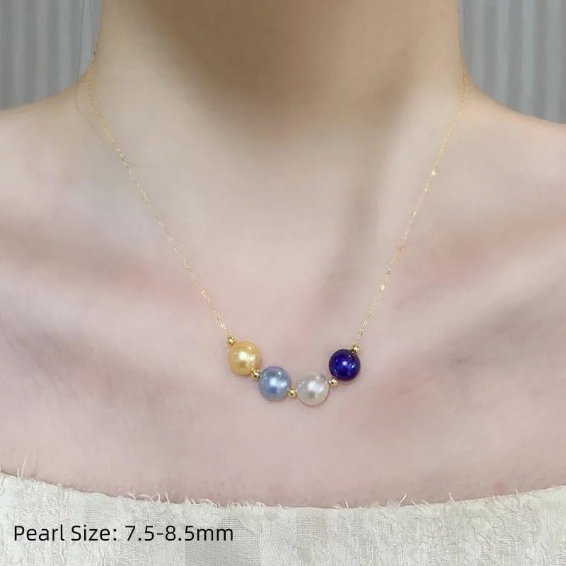 Natural Freshwater Pearl Pendant Necklace, 18K Yellow Gold Chain AU750, 7.5-8.5mm Multi-Color Pearls, Women's Wedding Jewelry
