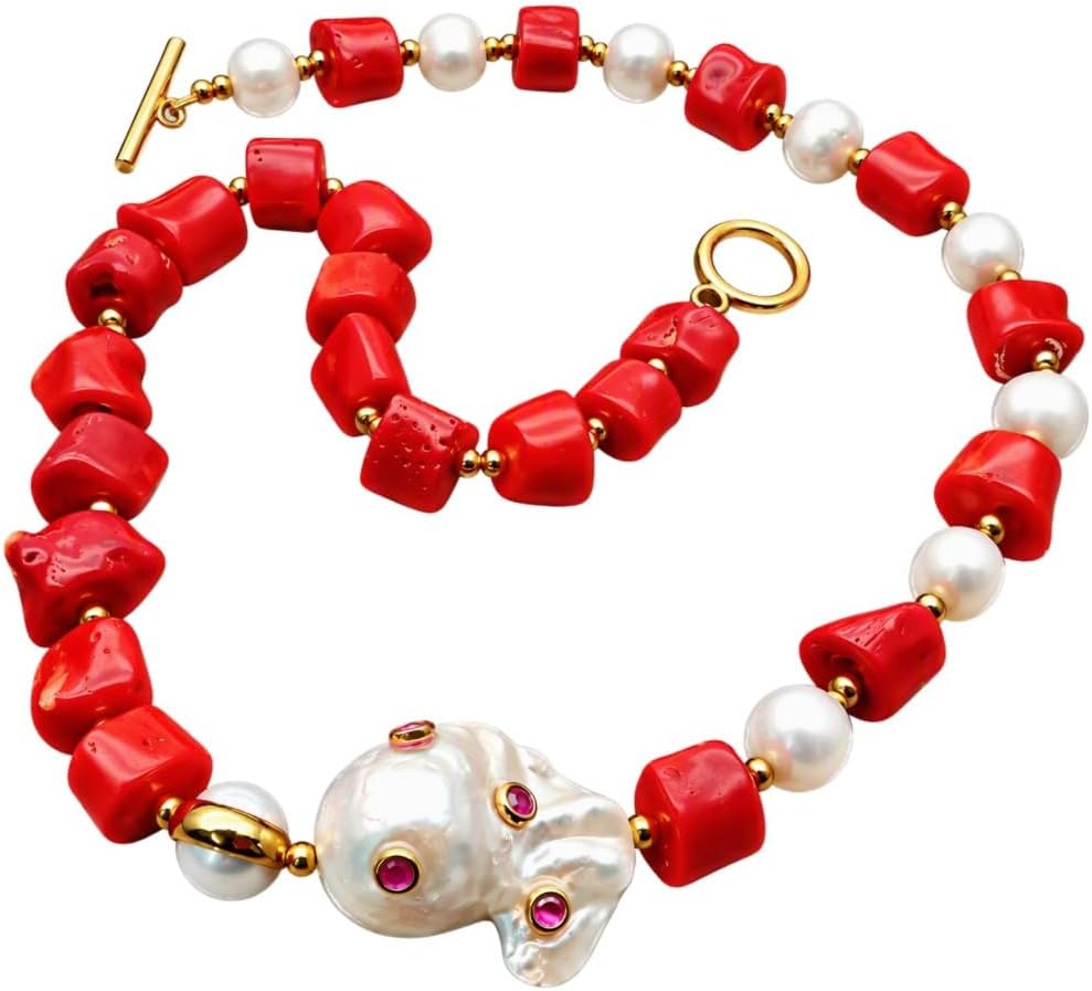 Red Coral White Pearl Necklace with Keshi Pearl CZ Pave Pendant