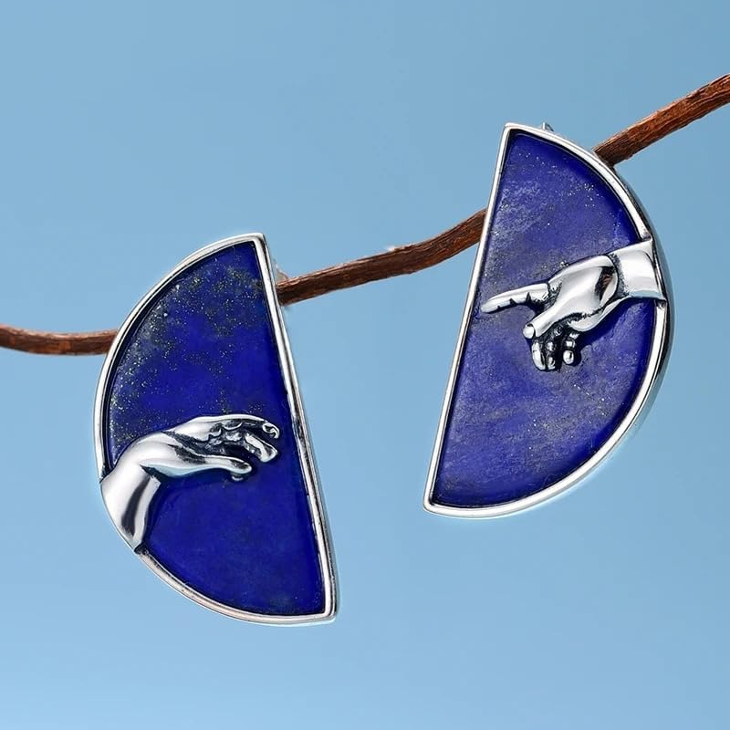 925 Sterling Silver Lapis Lazuli Creation of Adam Hand Stud Earrings, Semi-Circle Design