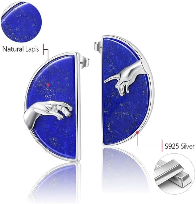 925 Sterling Silver Lapis Lazuli Creation of Adam Hand Stud Earrings, Semi-Circle Design