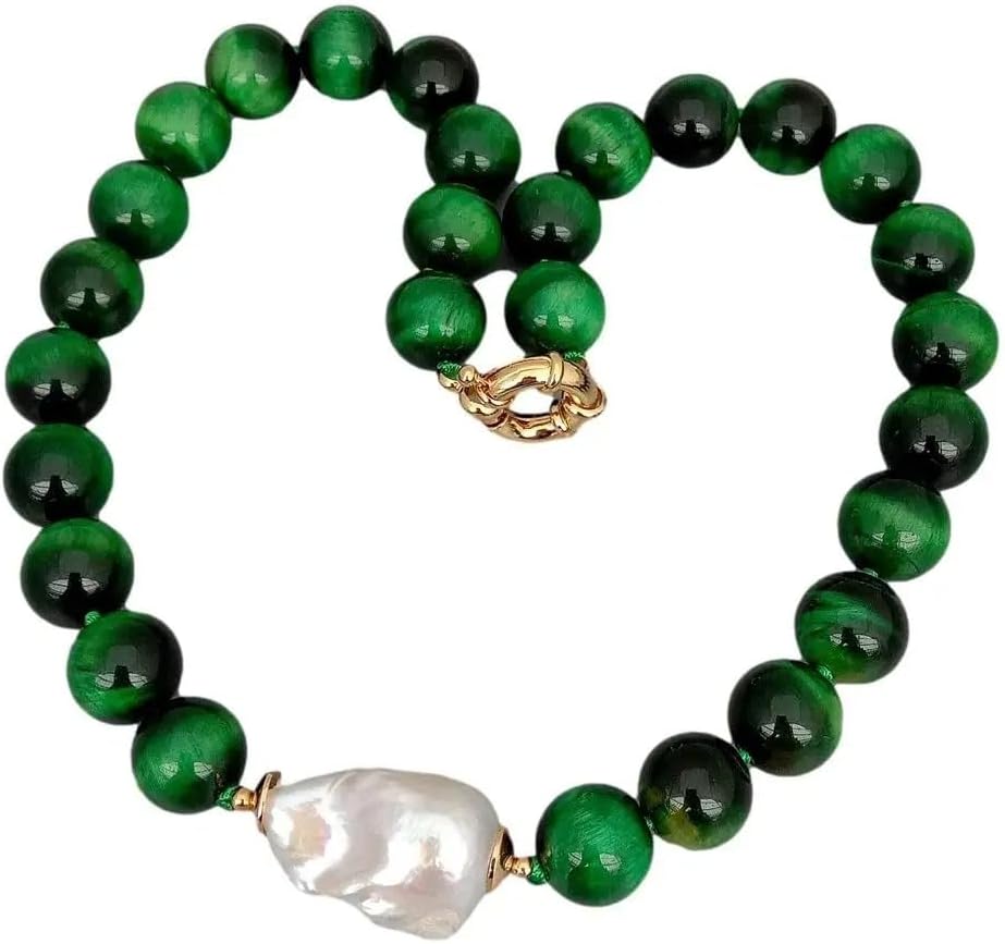 14mm Round Green Tiger Eye Cultured White Keshi Pearl Necklace