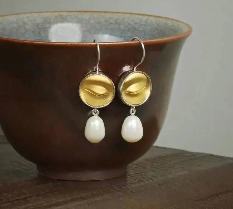 925 Silver Two Tone Natural Pearl Dangle Earrings with Buddha Statues