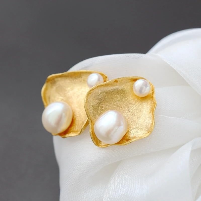 18K Gold Plated Earrings with Natural Freshwater Baroque Pearls, 925 Sterling Silver Stud Earrings