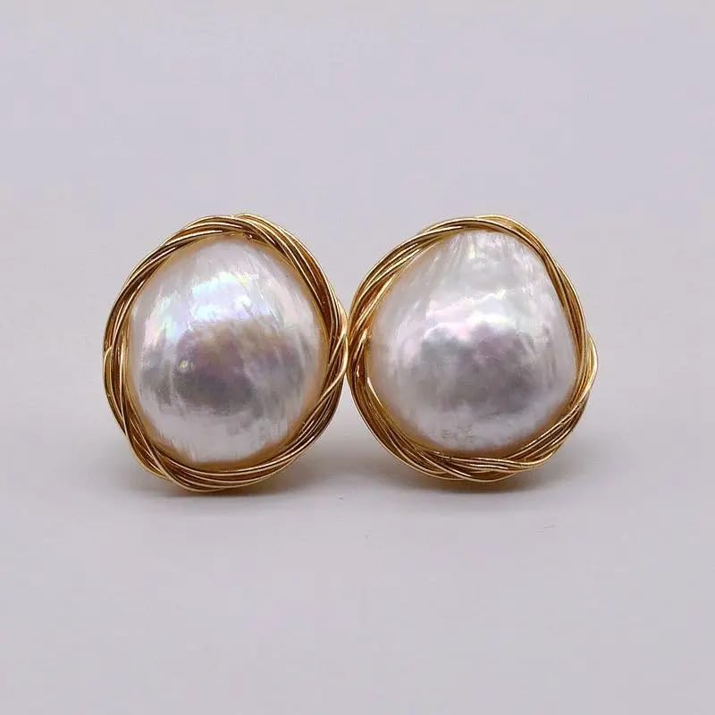 White Natural Freshwater Pearls Genuine Baroque Handmade Stud Earrings