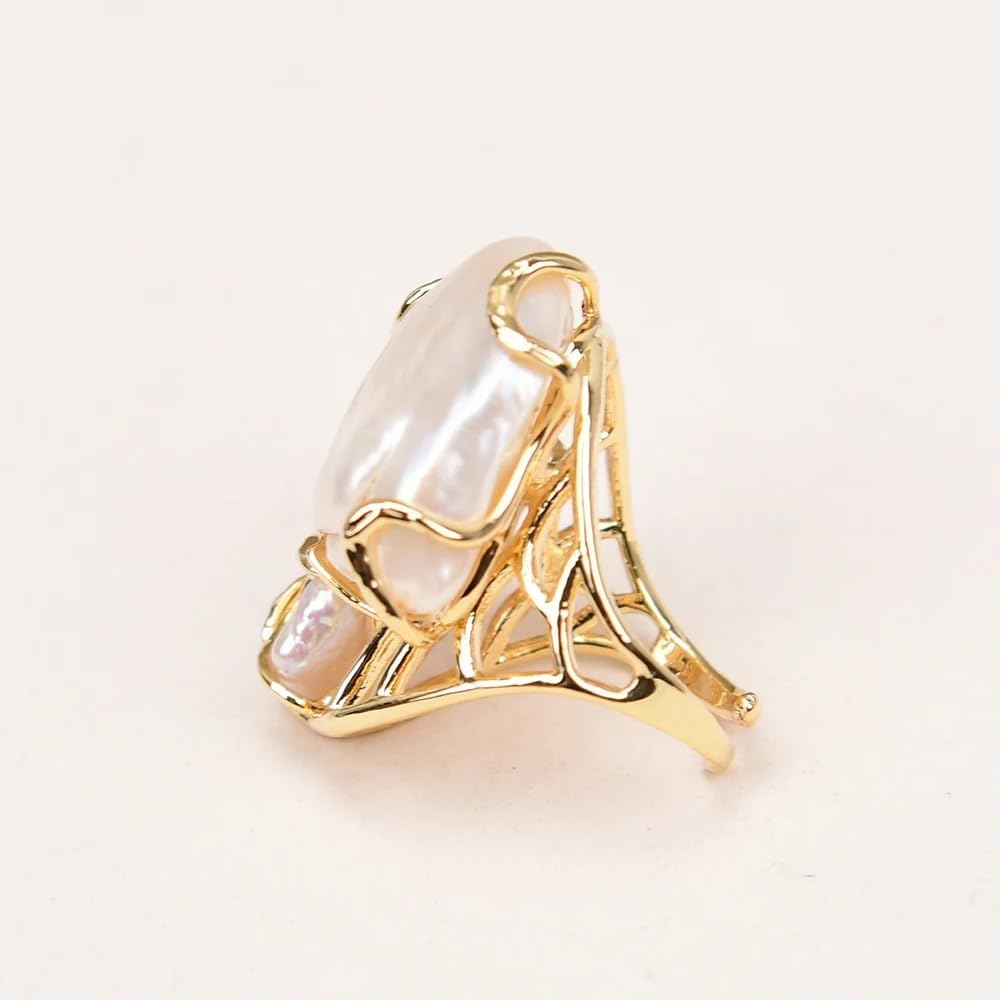 Natural Keshi Biwa Pearl Ring, Gold Plated Adjustable Band, White