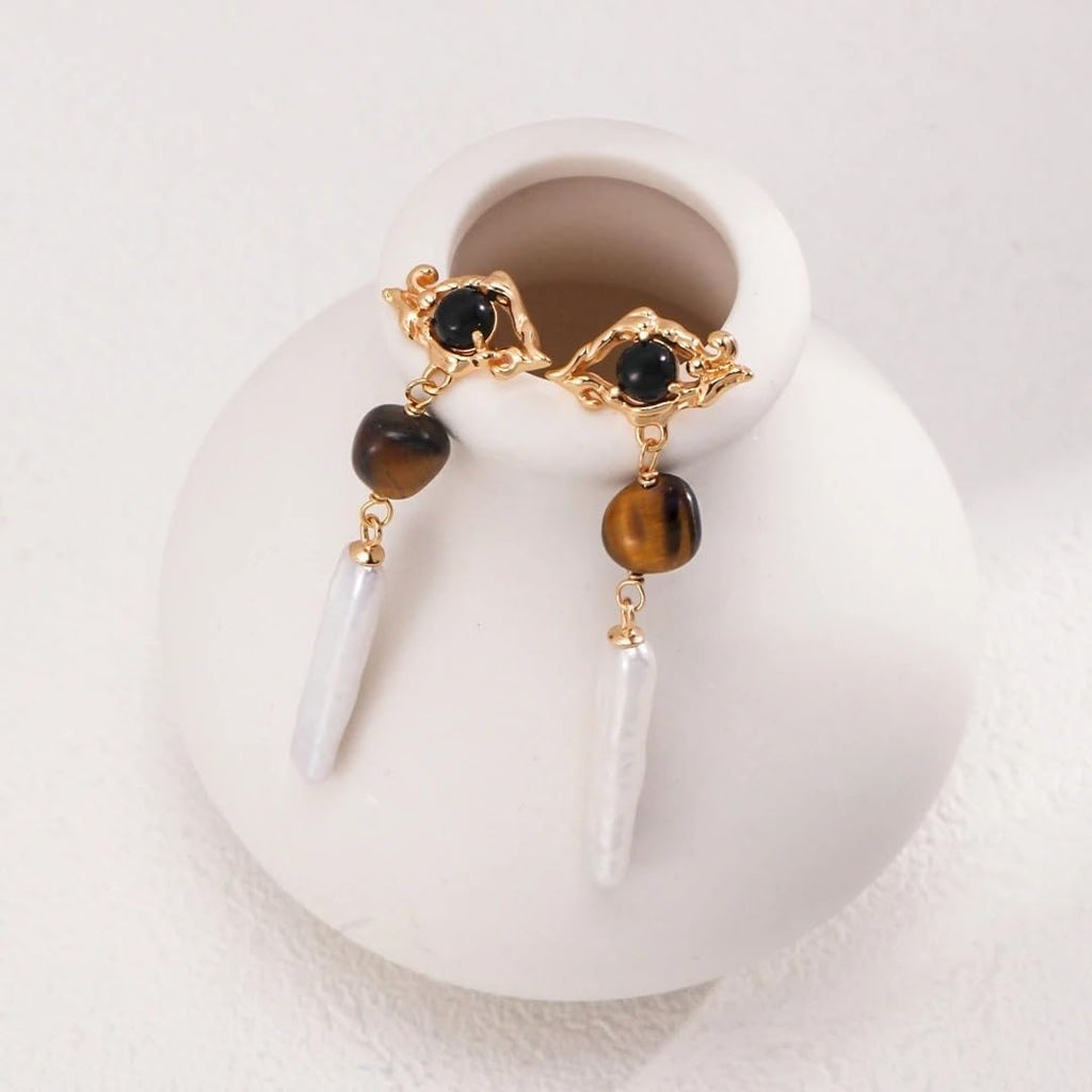 Onyx Tiger's Eye Stone 925 Silver Baroque Pearl Long Bar Earrings