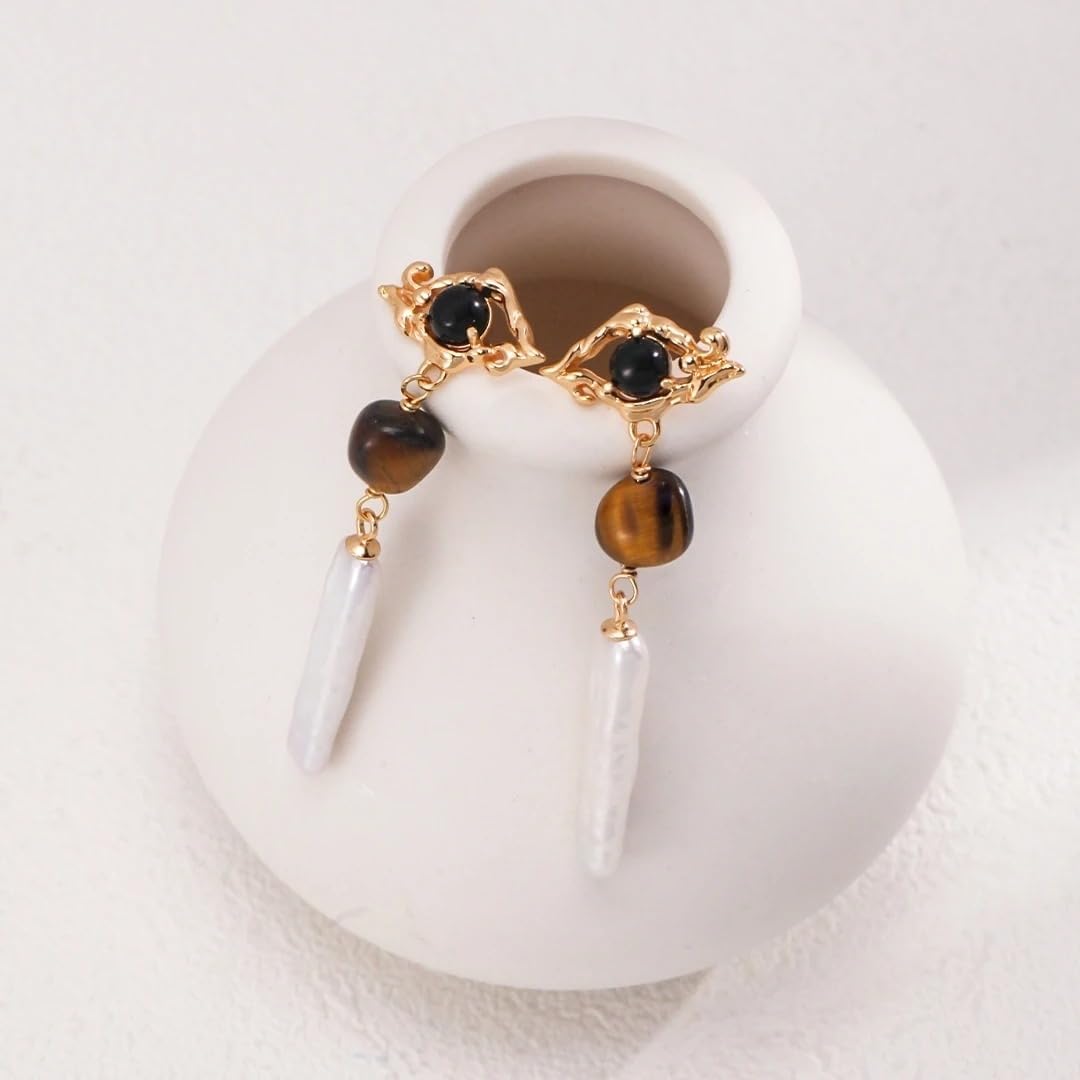 Onyx Tiger's Eye Stone 925 Silver Baroque Pearl Long Bar Earrings