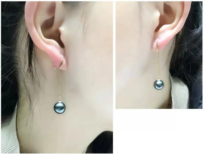 Tahitian Black Pearl Drop Earrings, 18K Gold Plated, Long Dangle Chain Style, Fashion Jewelry for Women