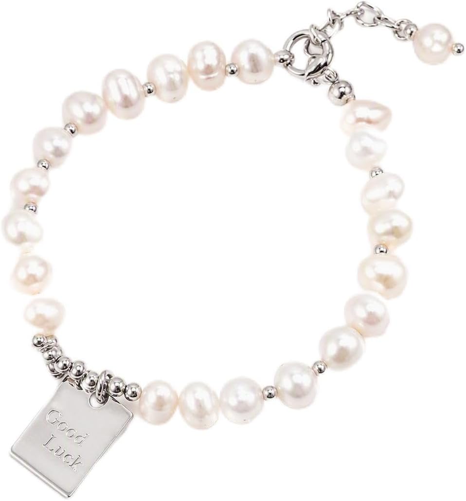 Baroque Pearl 925 Sterling Silver Heart Charm Beaded Bracelet. Color: Silver