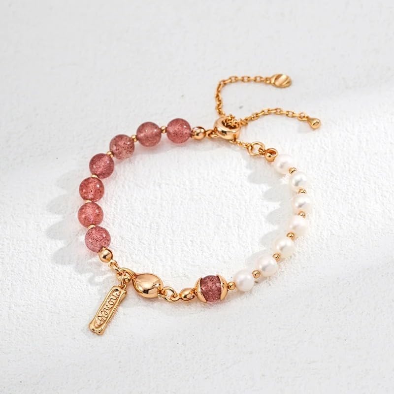 Pearl Moss Agate Strawberry Quartz S925 Silver Beaded Bracelet