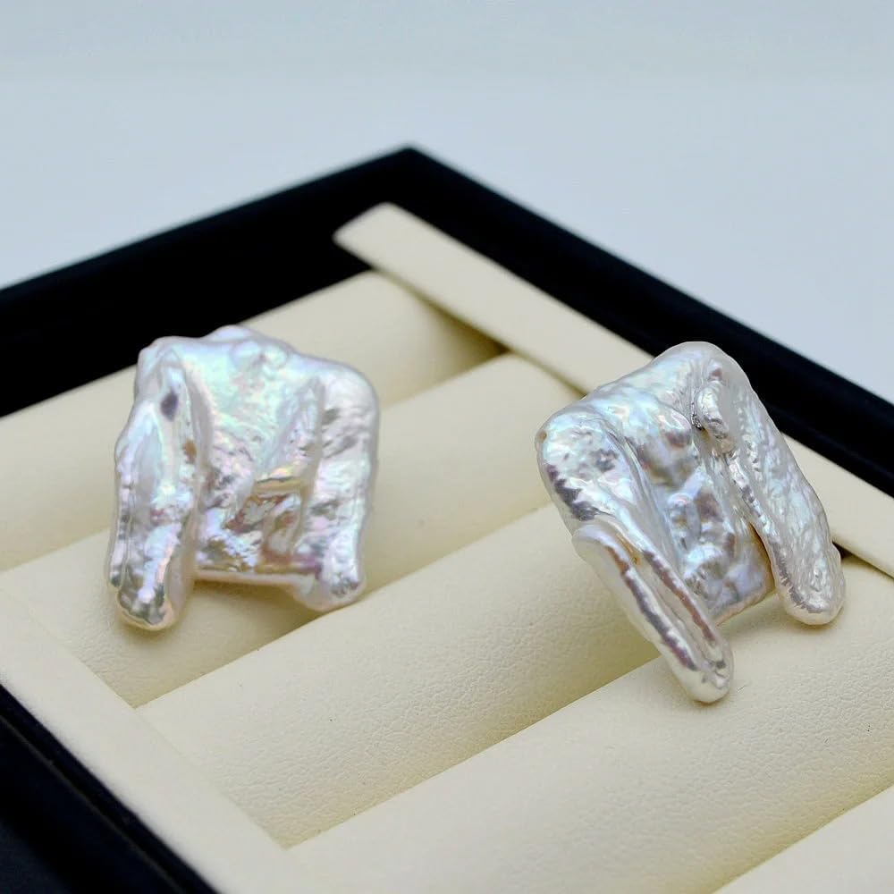 Genuine Baroque Pearl Earrings, White Irregular Shape, Large Oversized Statement Earrings, Silver, Boho Style